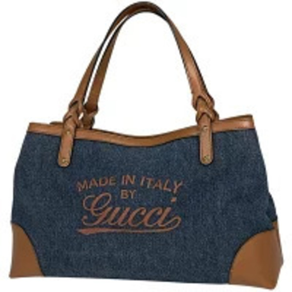 Gucci Handbags - Gucci tote bag craft handbag denim Navy Blue brown